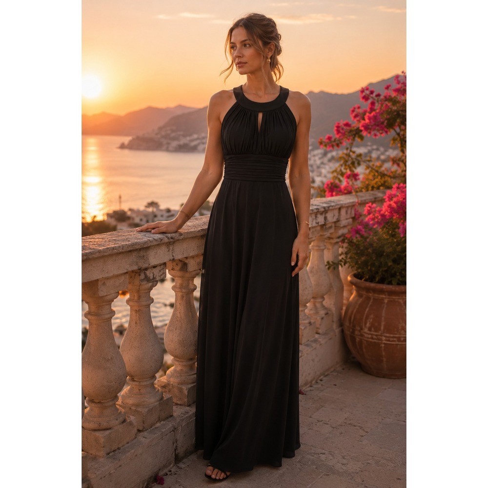 Black Halter Maxi Dress Keyhole Neck Pleated‎ Women's Size 2/4 Special Occasion